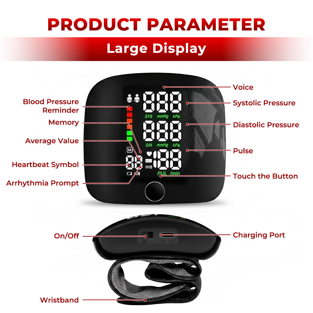 Jhati® Home LED Touch Screen Rechargeable mmHg Wrist Monitor