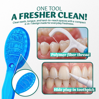 ⭐️Rolimey® 6-in-1 Ready-to-Go Mini Travel Toothbrush with Floss & Toothpick, No Rinsing Needed, Individually Wrapped & TSA Friendly